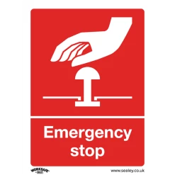 Sealey Emergency Stop - Safe Conditions Safety Sign - Self-Adhesive Vinyl